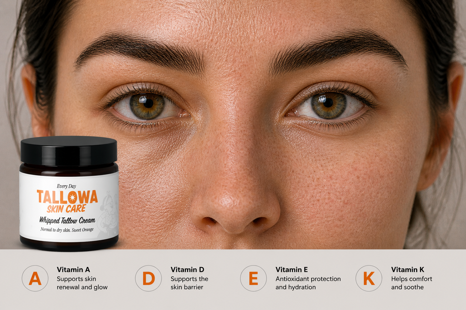 Anti-ageing tallow cream shown on a womans face with the vitamin properties of tallow. Including Vitamin A, D, E and K.