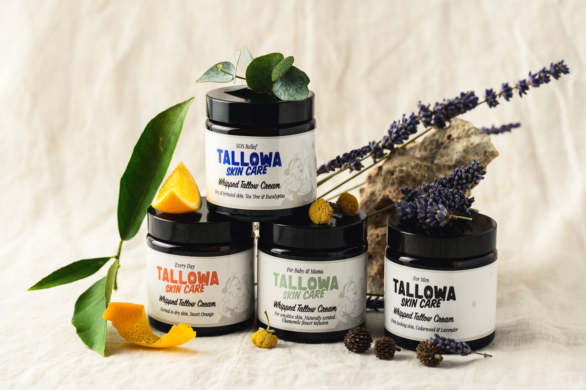 Tallowa grass-fed tallow skincare range including men, everyday, baby and mama and SOS relief balms with natural ingredients