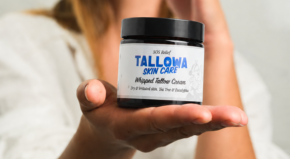 Women using the SOS Tallow skincare balm to reduce her dry and irritated skin to solve her eczema.