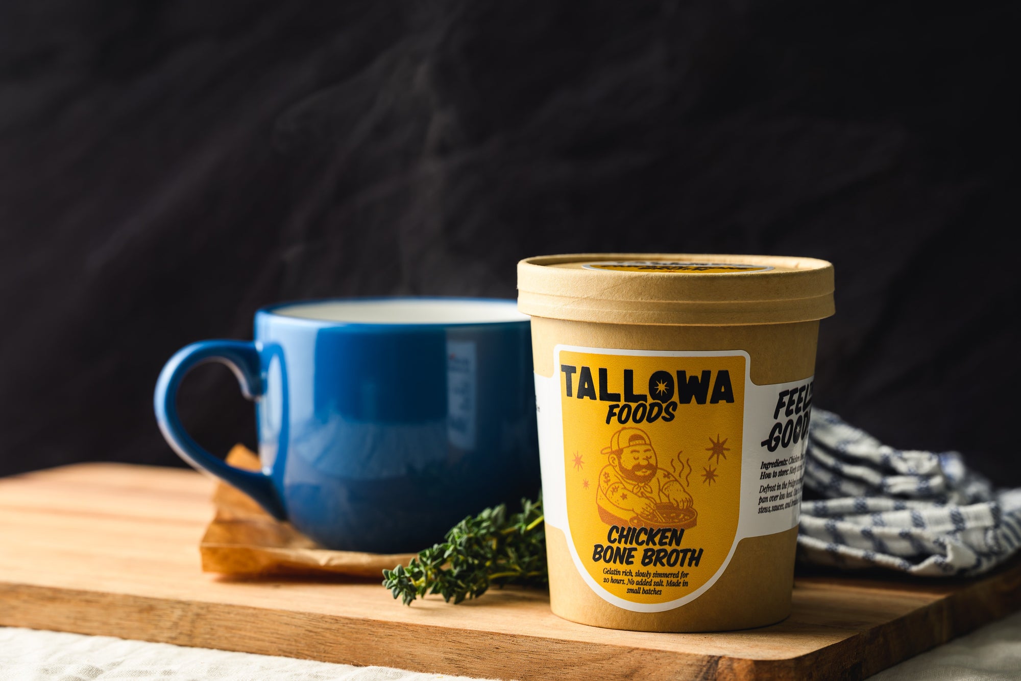 Tallowa bone broth served in steaming mug slow simmered traditional broth