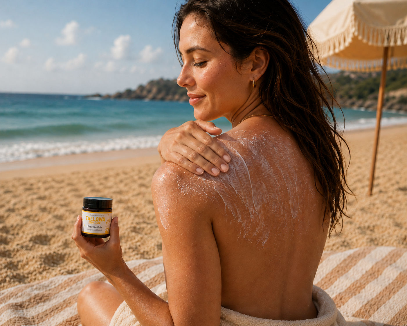 Tallowa Sunscreen with zinc girl applying on back at sandy beach