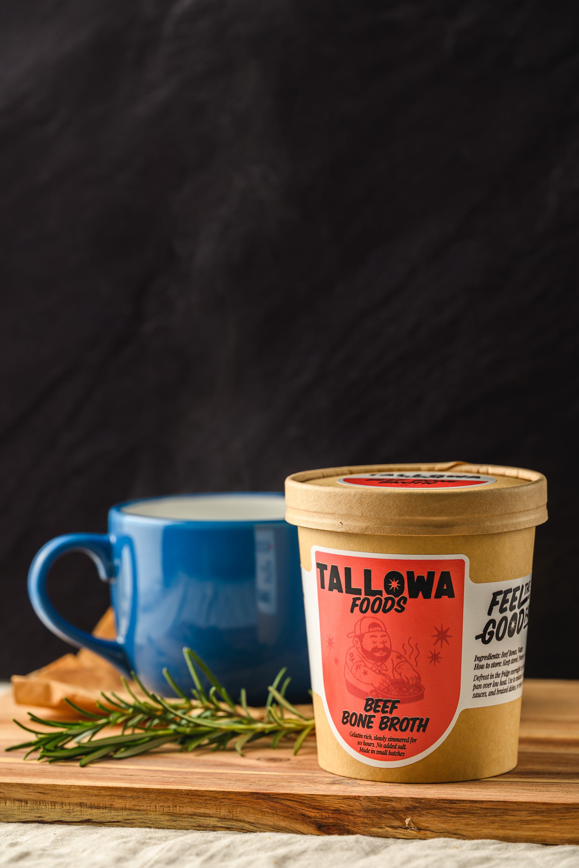 Tallowa beef bone broth served hot in mug slow simmered ancestral broth