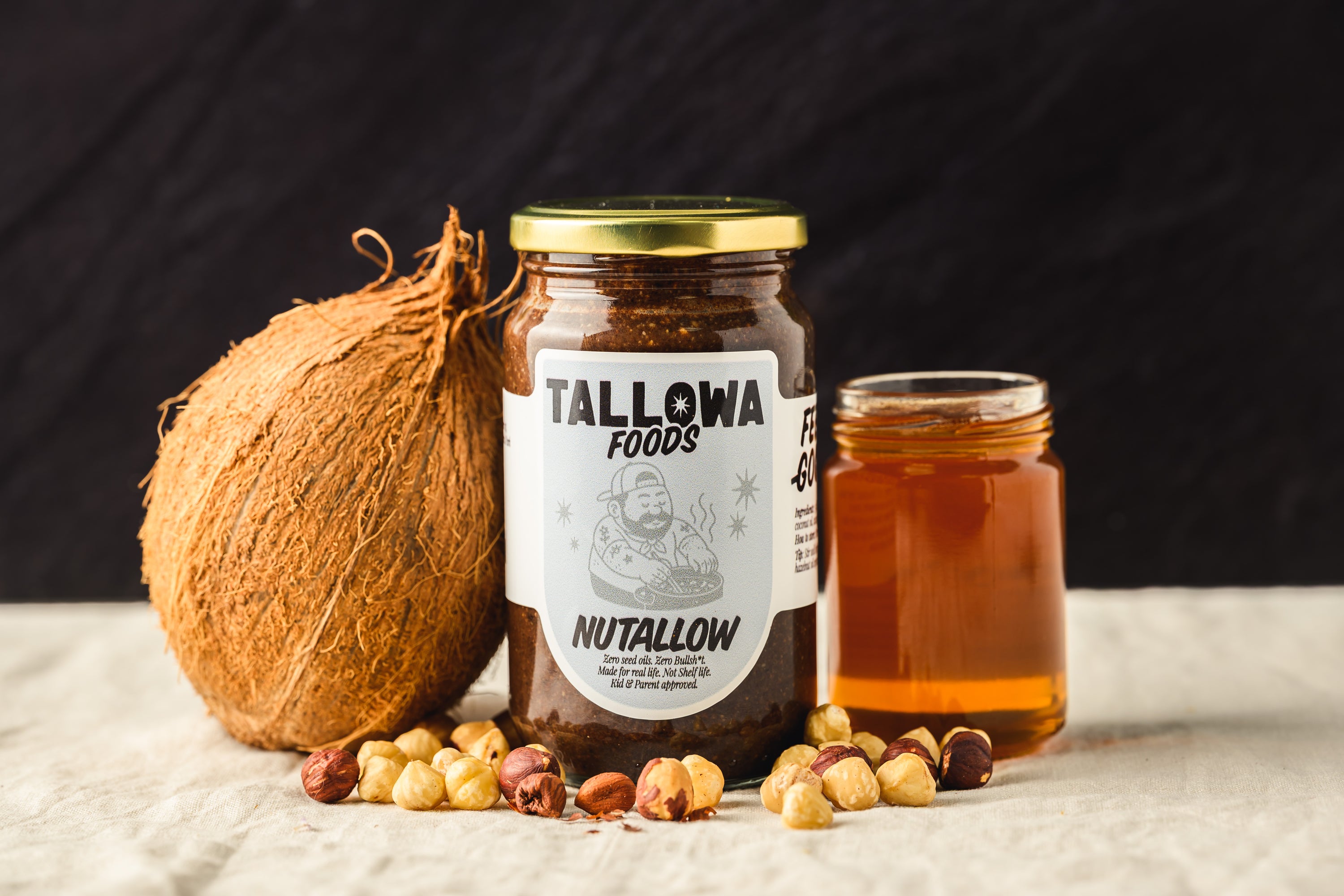 Tallowa Nuttallow hazelnut tallow spread with coconut honey and cacao natural ingredient flatlay in Malta Europe