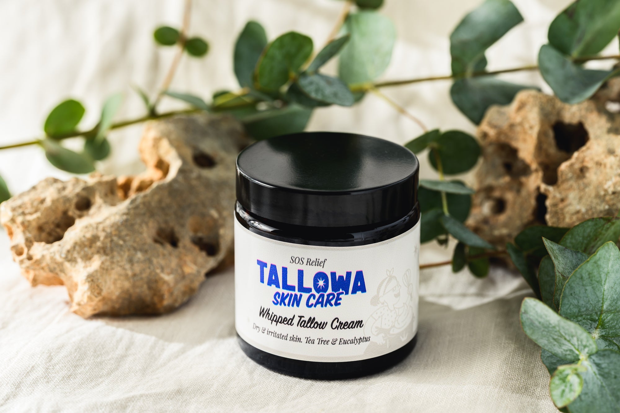 Tallowa SOS Relief tallow balm with eucalyptus leaves natural skincare for stressed skin in Malta Europe