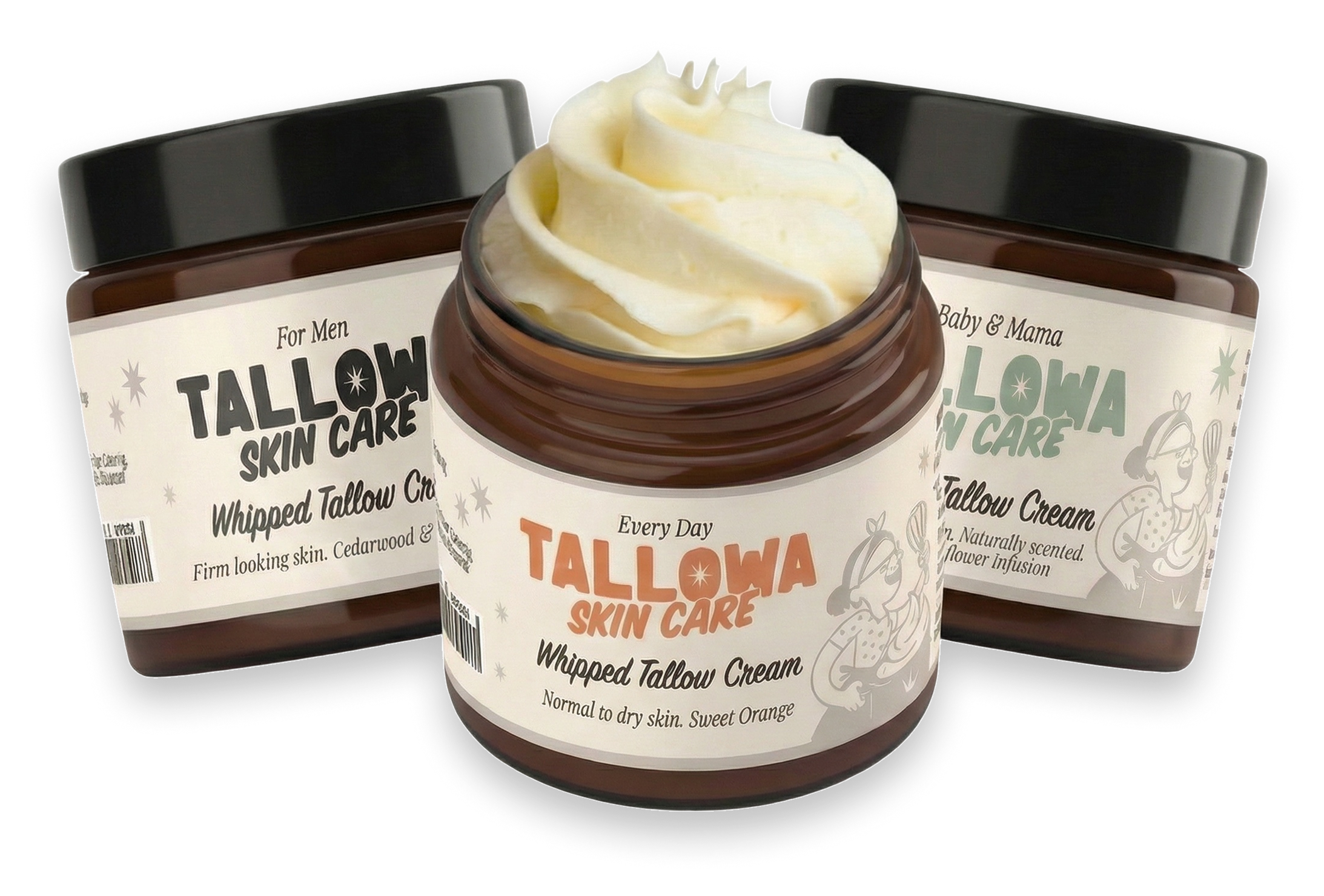 Tallowa grass fed tallow skincare balms including men, everyday and baby and mama natural skincare range